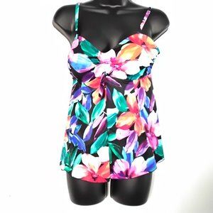 Caribbean Joe Black Multi-Color Floral Tankini Swim Top Removable Straps NWT 10